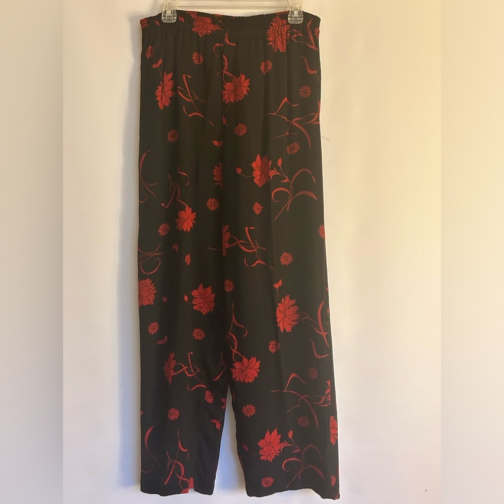 CACHE WOMEN’S POLYESTER ELASTIC WAIST WITH POCKETS BLACK & RED FLORAL PANTS S